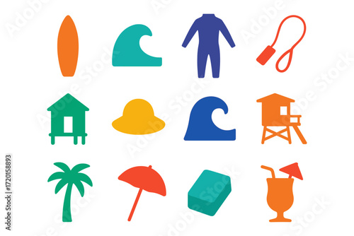 Colorful beach icons set featuring surfboards, waves, and summer essentials