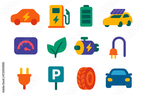 Colorful electric vehicle icons for eco-friendly transportation and green energy