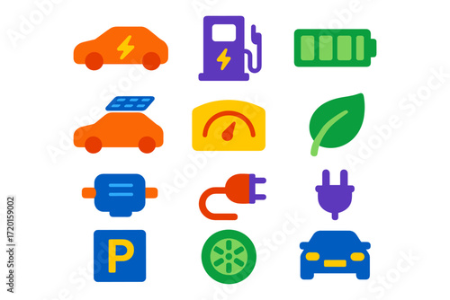 Electric car icons: charging, eco-friendly, sustainable transportation elements