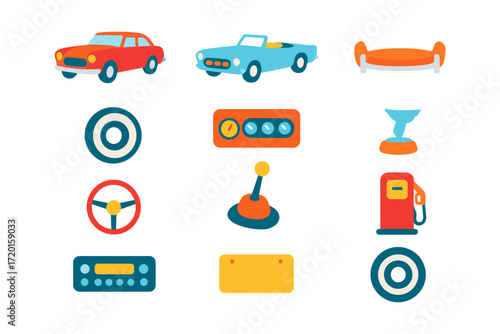 Retro car elements and icons in flat design style for vintage enthusiasts