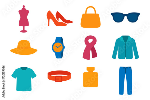 Colorful fashion icons set: accessories, clothing, and style elements