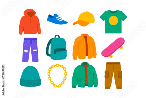 Trendy urban fashion icons collection including clothing, accessories, and gear