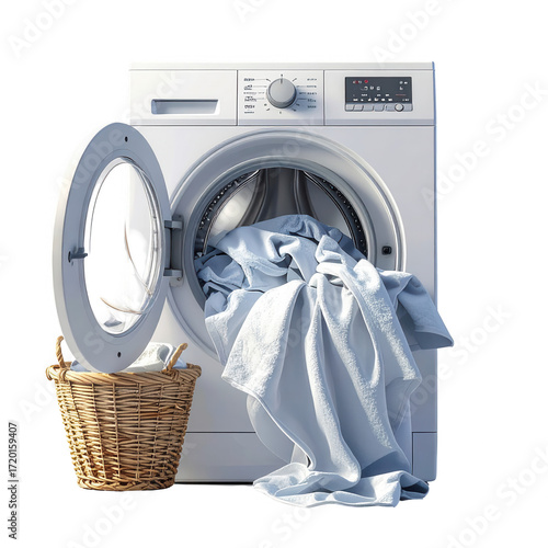 A light gray modern washing machine with a light gray laundry basket and a stack of light blue towels in the opening.