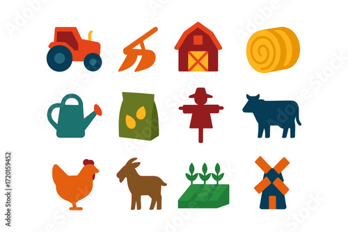 Colorful farm icons set: agriculture, animals, and tools for rural design