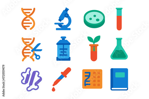 Colorful scientific icons set featuring dna, microscope, and test tubes