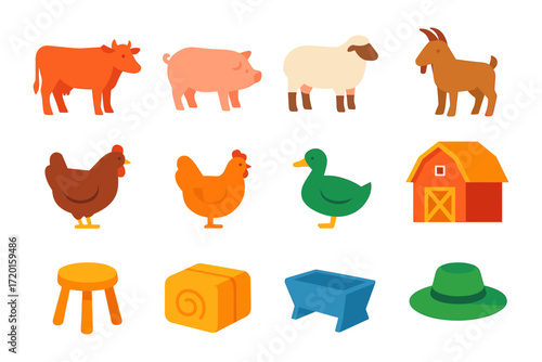 Colorful farm animal characters and objects in flat design style