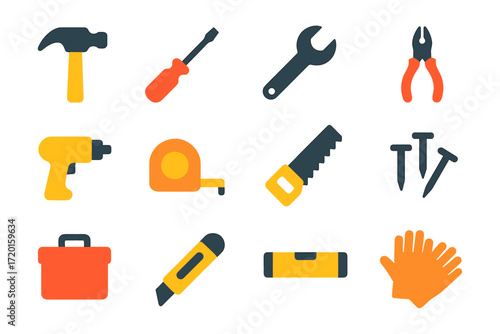 Colorful tool icon set for diy and construction projects