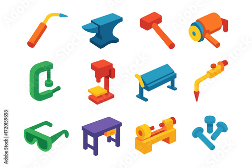 Colorful isometric workshop tools: comprehensive set of essential equipment icons