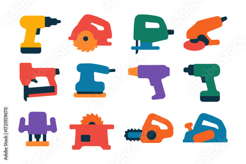 Colorful power tools set: flat design illustrations for construction and diy projects