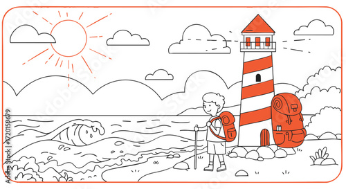 Young traveler with a backpack and walking stick embarks on a coastal adventure, exploring a scenic beach with a lighthouse and ocean waves