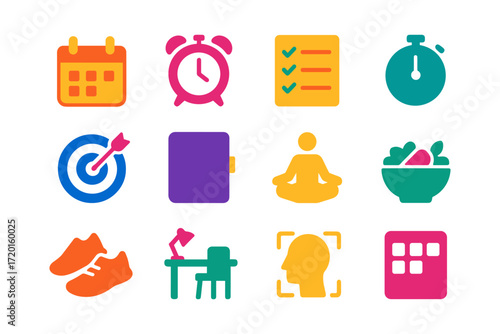 Colorful flat icons for time management, productivity, and wellness themes