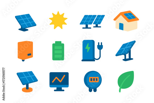 Renewable energy elements: solar panels, battery, and green power symbols