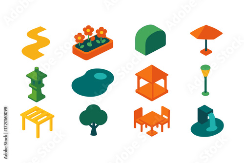 Isometric garden elements: path, flowers, pond, and outdoor furniture