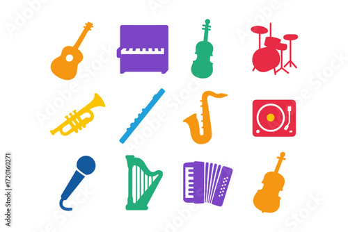 Colorful musical instrument icons featuring guitar, piano, drums, and more on white background