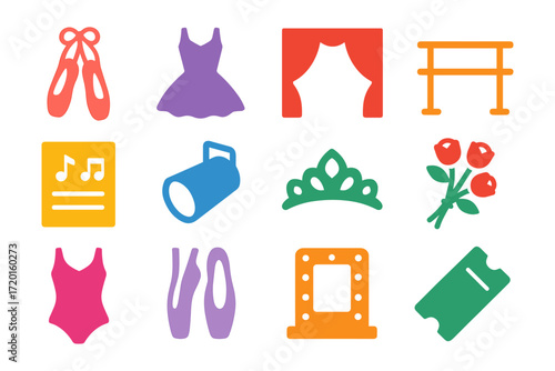 Colorful ballet icons set: ballerina elements for dance and theater themes