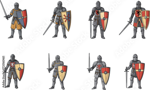Medieval knights in armor, heraldic shields, historical warriors, fantasy battle scene, sword and shield formation