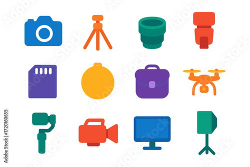 Colorful camera and photography equipment icons in flat design