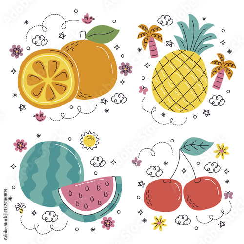 Hand drawn fruits and vegetables stickers