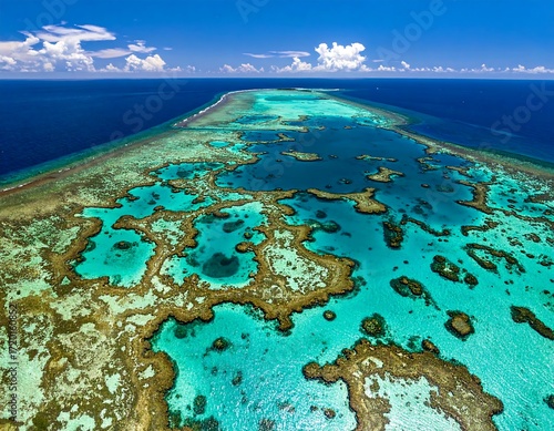 Fototapeta Naklejka Na Ścianę i Meble -  Aerial View of Great Barrier Reef Coral Formations and Turquoise Waters Under Blue Sky ocean