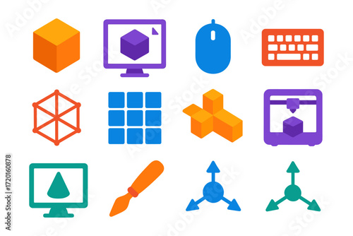 Colorful 3d design elements featuring computing and modeling icons in flat style