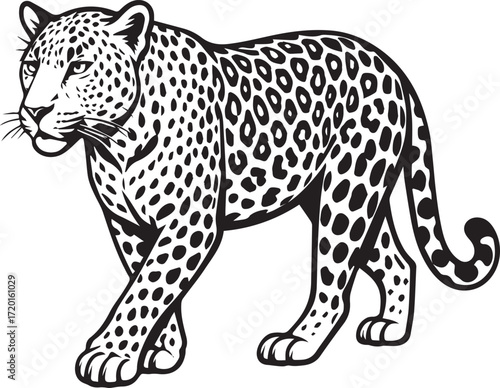 Black and White Leopard Illustration – Hand Drawn Wild Animal Vector Art