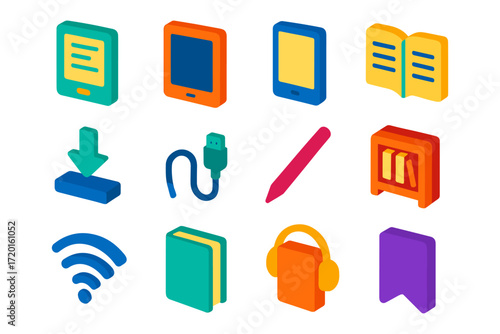 Colorful isometric digital reading and library icons set for modern media