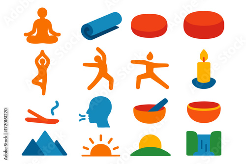 Colorful yoga and meditation icons set for wellness and mindfulness themes