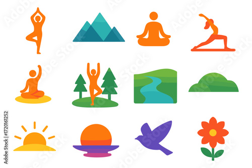 Colorful yoga and nature icons featuring fitness poses and scenic landscapes