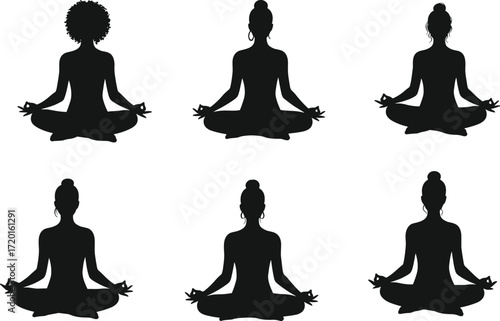 Meditation pose silhouettes, cross-legged yoga figures, mindfulness art, spiritual relaxation design, wellness illustration set