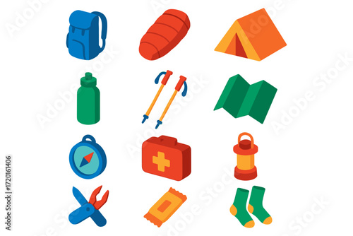 Colorful isometric camping gear set: backpack, tent, lantern, compass and more