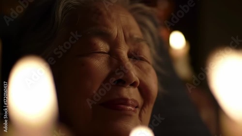 Close-up of elderly woman, candles in the background
