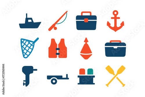 Nautical equipment icons set featuring boat, fishing gear, and lifesaving items in flat style