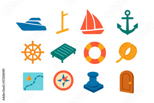 Colorful nautical icons set: boats, anchor, compass, and lifebuoy