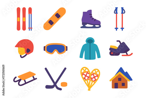 Winter sports equipment collection: colorful flat icons for snow activities