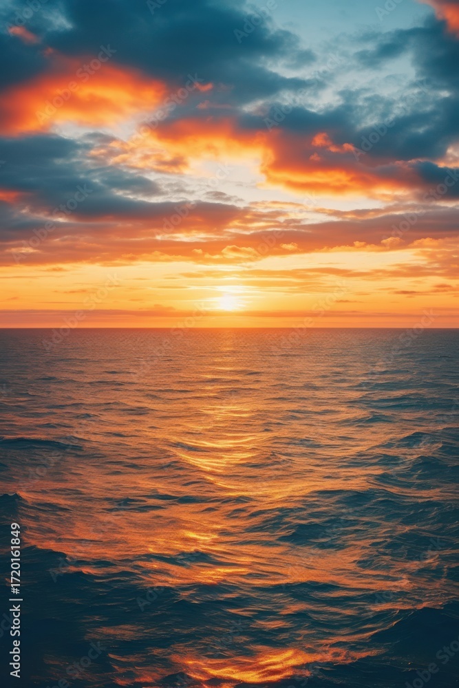Fototapeta premium Fiery sunset paints ocean waves with golden light horizon