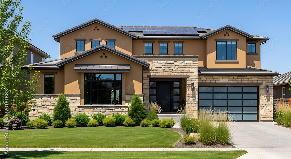 Fototapeta premium Modern stucco and stone house with solar panels manicured lawn and glass garage door