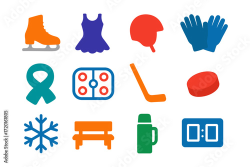 Colorful winter sports and equipment icons set for cold season activities