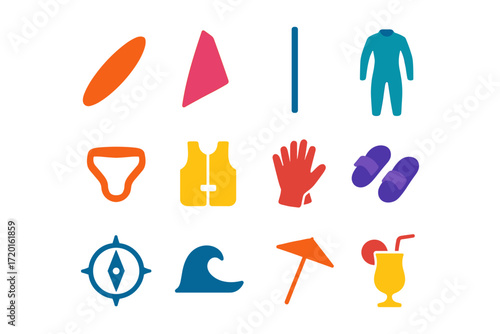 Colorful beach and surf gear icons set for summer activities