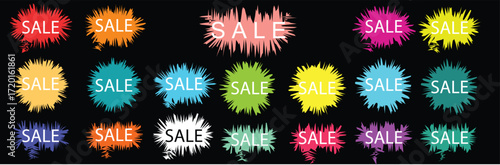 A large set of dynamic, multicolored starburst and splash shape sale tags. Ideal for retail, e-commerce, advertising, and vibrant social media marketing graphics.