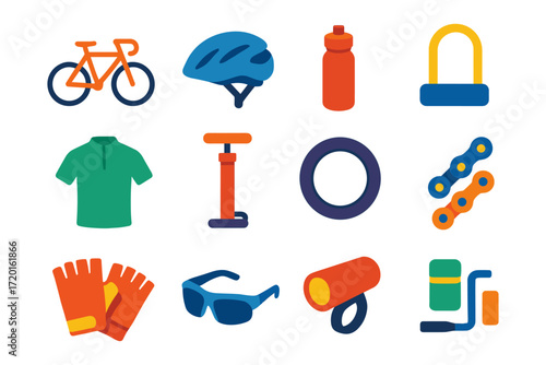 Colorful cycling gear icons collection: helmet, lock, bottle, and more