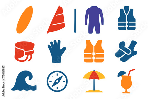 Beach sports and safety gear icons for summer adventures
