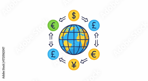Global currency exchange and international finance concepts illustrated with world map and various currency symbols in a dynamic circular flow