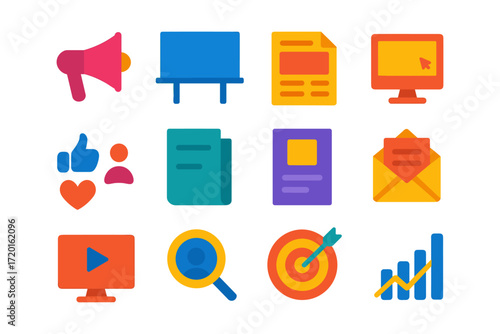Colorful flat icons set for digital marketing and communication design