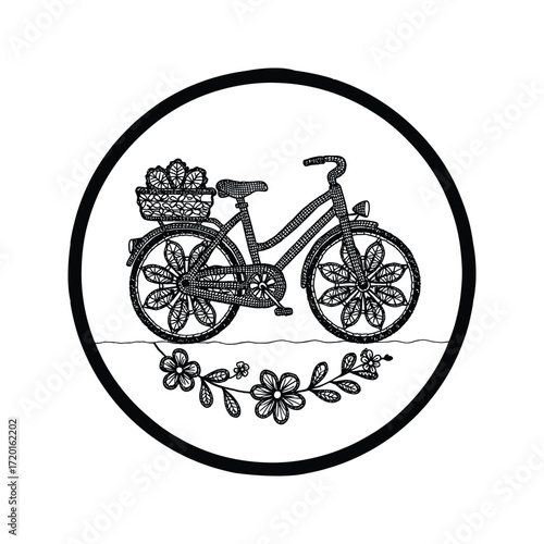 Black and White Bicycle with Flowers in Basket Circular Design Floral Bike Illustration