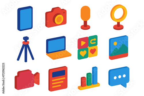 Colorful isometric gadgets and icons set for digital applications and multimedia projects