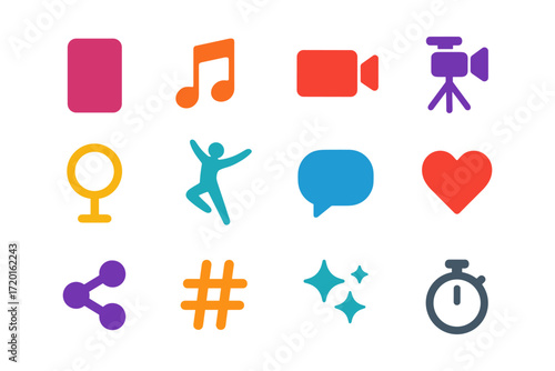 Colorful icon set: music, video, communication, and social media symbols