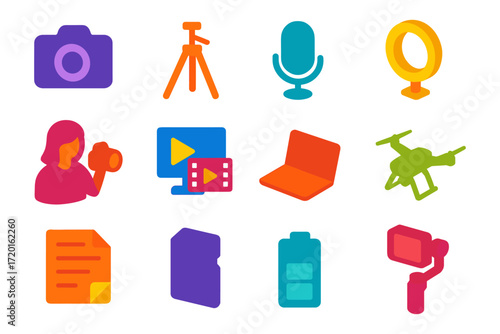 Colorful media equipment icons set: camera, tripod, microphone, drone, laptop, video tools