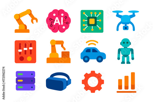 Flat design icons of modern technology: ai, robotics, drones, and smart devices