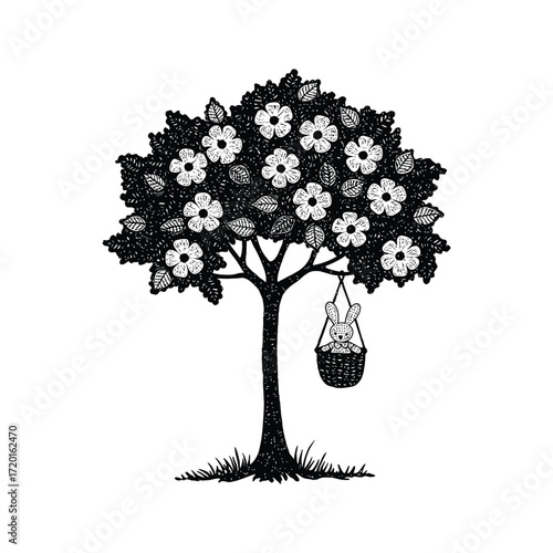 Black and White Illustration of a Blooming Tree with a Bunny in a Swinging Basket