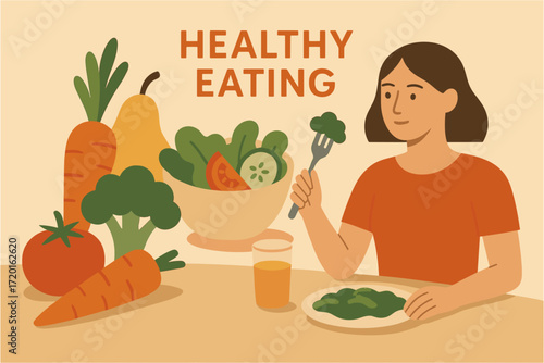 Person enjoying healthy meal with fresh vegetables in flat design